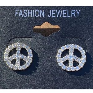 Silver Rhinestone Peace Sign Studs Earrings